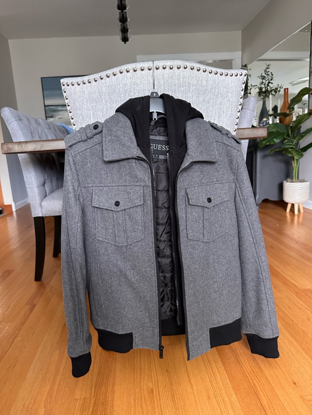 Guess Men’s Gray Military-Style Field Jacket with Black Lining